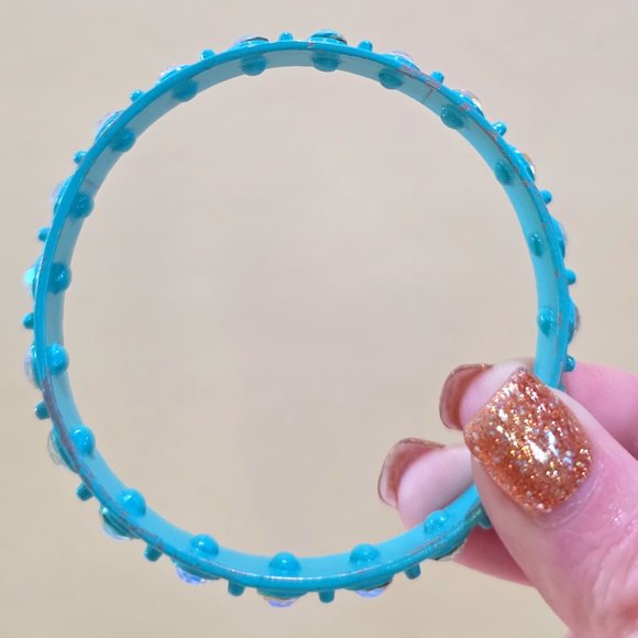 Vintage Retro Turquoise Metal Bangle Bracelet Aurora Borealis Glass Rhinestones - Picture 13 of 13